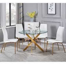While you can accessories your round dining table with both armless chairs as well as armchairs, the former is better for a cozy setting and the later for a spacious. Daytona Round Glass Dining Table With Four Opal White Chairs Furniture In Fashion