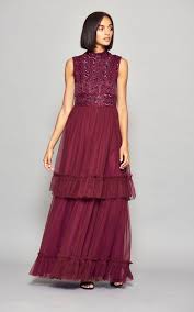 Embellished Tiered Dress In Burgundy By Frock Frill