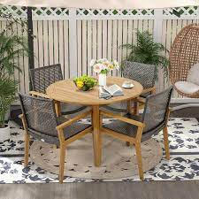 Patiojoy Set Of 4 Patio Dining Chairs Outdoor Acacia Wood Rattan Armchairs Garden Balcony