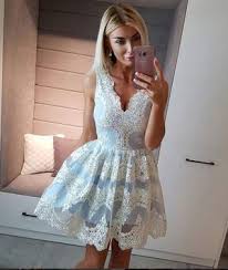 Cute Light Blue Lace Applique Short Prom Dress Homecoming Dress Shdress