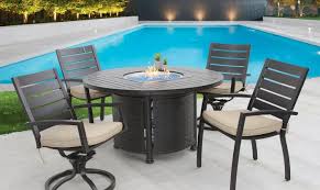 Outdoor benches are a great option and can seat multiple people. Small Quincy Outdoor Patio 5pc Dining Set With 50 Inch Round Fire Table Series 4000 Zenpatio
