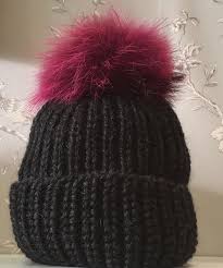 Fenella Raccoon Fur Pom Pom Bobble Hat In Charcoal Raspberry