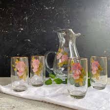Vintage Rose Glass Pitcher And Tumbler
