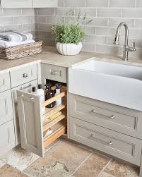 farm sink with light gray laundry room