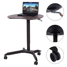 The cable management system found in the back of the desk allows you to keep your workspace tidy. Gaoyoushiabaolifadian Height Adjustable Laptop Desk With Wheels Rolling Workstation Stand Up Workstation Rolling Presentation Cart With Tiltable Panel Board Standing And Seating 2 Modes Desks Workstations Office Desks