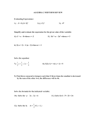 Algebra 2 Midterm Review Evaluating Expressions