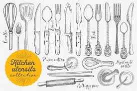 kitchen utensils hand drawn set pre