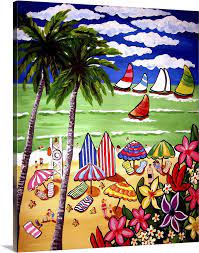Whimsical Beach Scene Large Solid Faced Canvas Wall Art Print Great Big Canvas