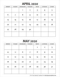 April May 2020 Calendar Monday Start Editable Two Months
