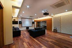 75 laminate floor home theater ideas
