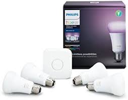 Philips Hue White And Color Ambiance A19 60w Equivalent Led Smart Bulb Starter Kit 4 A19 Bulbs And 1 Hub Compatible With Amazon Alexa Apple Homekit And Google Assistant Amazon Com