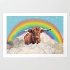 Highland Cow Clouds Rainbow Collage Art