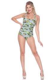 Bettie Page Womans Printed Pinup 1950s Vintage Inspired One Piece Halter Swimsuit