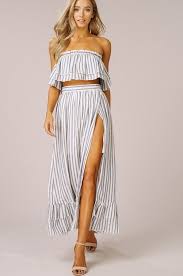 Listicle Striped Two Piece Woven Crop Top And Maxi Boho