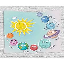 Space Tapestry Cute Cartoon Sun And Planets Of Solar System Fun Celestial Chart Baby Kids Nursery Theme Wall Hanging For Bedroom Living Room Dorm