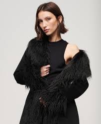 Superdry Women S Faux Fur Lined Longline Afghan Coat Black Size 6
