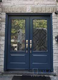 dark blue steel front door with glass