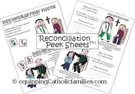This picture shows a priest in the confessional with a penitent and another waiting and praying. Reconciliation Peek Sheets Printable Equipping Catholic Families