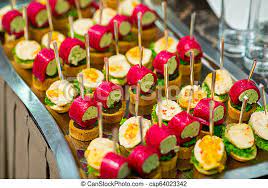 A snack is a small portion of food eaten between meals. Cold Appetizers On The Buffet Table Cold Snacks On The Table Buffet Canapes At The Banquet Canstock