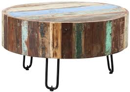 Give an elegant look to your living space with this beautiful round design of omar coffee table, which comes along with a set of two stools. Indian Hub Coastal Reclaimed Wood Drum Coffee Table Cfs Furniture Uk