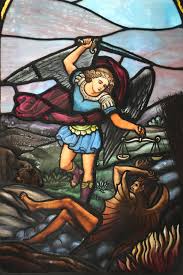Image result for angels fighting stained glass window