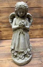 Winged Angel Cherub With Flowers Statue