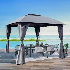 Huluwat 10 Ft X 10 Ft Gray Outdoor Patio Gazebo Canopy Tent With Corner Curtain Waterproof Outdoor Shading