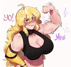 hentaly, yang xiao long, rwby, commentary, english commentary, highres,  1girl, abs, ahoge, black choker, black sports bra, blonde hair, blush,  bottomless, breasts, character name, choker, cleavage, clenched hand, fang,  flexing, hair between