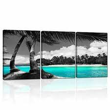3 panels teal canvas wall art black and