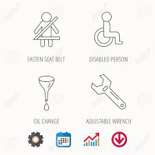 Seat Belt Oil Change And Wrench Tool Icons Disabled Person