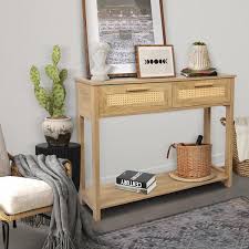 Tileon Natural Console Table With 2 Drawers Sofa Table With Open Storage Shelf Narrow Accent Table With Rattan Design Light Brown Wood