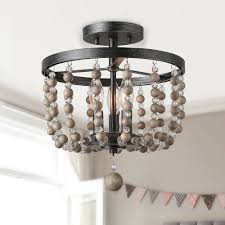 Lnc Lnc Flush Mount Lighting 3 Light 12 In Graphite Modern Semi Flush Mount With Rustic Farmhouse Crystal Wood Beads A03400 The Home Depot
