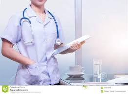 Smart Woman Doctor Stand And Holding Patient Chart With Blue