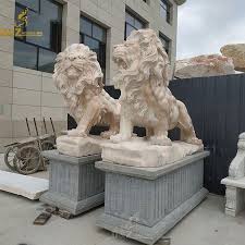 Outdoor Stone Lion Statues Pair For