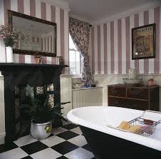 Bathroom With Pink Striped Wallpaper