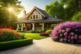 beautiful garden with house and flowers