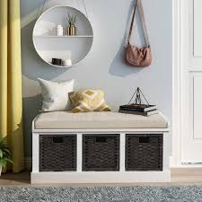 white entryway storage bench with