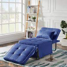 74 4 in width blue velvet small single size folding sofa bed sleeper chair with adjule backrest