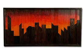 sunrise cityscape large wooden wall