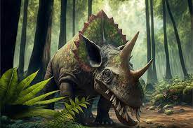 triceratops dinosaur with a green leaf