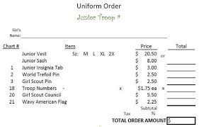 Junior Girl Scouts Downloadable Troop Uniform Order Form