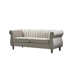 Louis 76 4 In W Round Arm Velvet 3 Seats Straight Chesterfield Sofa With Nailheads In Beige