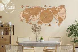 Clock World Map Wooden Wall Art Gráfico
