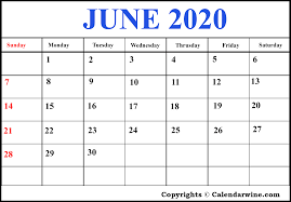Download Free Blank Printable June 2020 Calendar Template