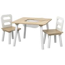 Round or square plain tables with multiple chairs for kids to share with friends, siblings, or their favourite toys. Table Chairs Set Storage Natural White Pidoko Kids