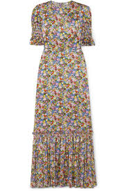Susie Ruffled Floral Print Silk Satin Maxi Dress