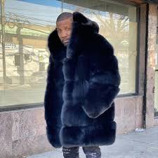 Blue Fox Fur Coat Hooded Winter Fashion