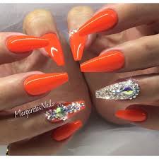 What another way to create nails radiating energy and happiness other than a color that came as a combination refresh your mood with rays of sunshine on your nails with any orange shades. Neon Orange Coffin Nails By Margaritasnailz Orange Acrylic Nails Orange Nails Neon Orange Nails