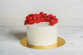 White Cake With Cream Red Roses On Light Background