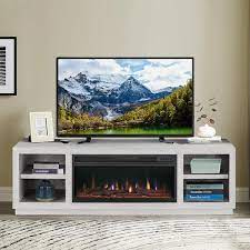 77 In Freestanding Electric Fireplace Tv Stand In Saw Cut Off White